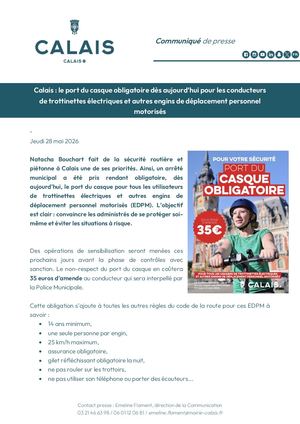 CP - Le port du casque devient obligatoire à Calais pour les EDPM