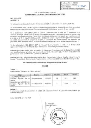 DP 2026 072 Finances Virements Credits Parts SCIC Fonciere Agricole