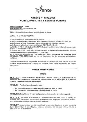 Arrete N 1372-2026-Realisation De Sondages Geothechniques Verticaux 90 Rue Robespierre Le 01-06-2026-Publié Le 28 05 2026
