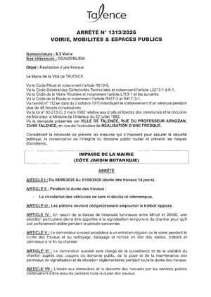 Arrete N 1313-2026-Realisation D'une Fresque impasse De La Mairie Du 08 Au 21-06-2026-Publié Le 28 05 2026