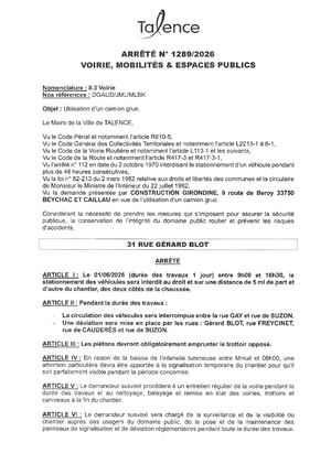 Arrete N 1286-2026-Utilisation Camion Grue 31 Rue Blot 01-06-2026-Publié Le 28 05 2026
