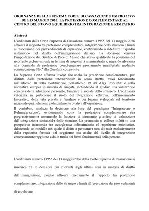 ORDINANZA DELLA SUPREMA CORTE DI CASSAZIONE NUMERO 13955 DEL 13 MAGGIO 2026: LA PROTEZIONE COMPLEMENTARE AL CENTRO DEL NUOVO EQUILIBRIO TRA INTEGRAZIONE E RIMPATRIO