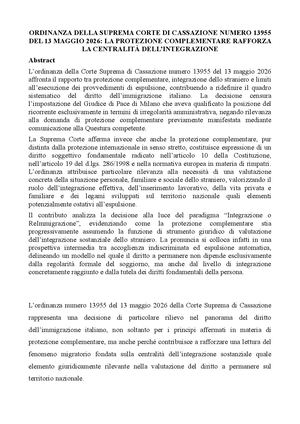 ORDINANZA DELLA SUPREMA CORTE DI CASSAZIONE NUMERO 13955 DEL 13 MAGGIO 2026: LA PROTEZIONE COMPLEMENTARE RAFFORZA LA CENTRALITÀ DELL’INTEGRAZIONE