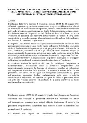 ORDINANZA DELLA SUPREMA CORTE DI CASSAZIONE NUMERO 13955 DEL 13 MAGGIO 2026: LA PROTEZIONE COMPLEMENTARE COME STRUMENTO DI VALUTAZIONE DELL’INTEGRAZIONE