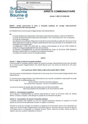 ARR CC 2026 040 Enquete Publique Zonage Intercommunal Assainissement Eaux Pluviales