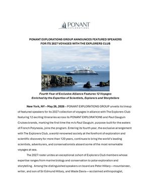 Ponant Explorations Group Announces 2027 Featured Speakers