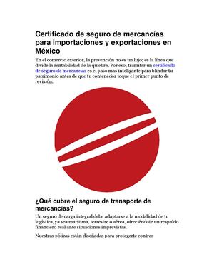 Certificado De Seguro De Mercancías Para Importaciones Y Exportaciones En México
