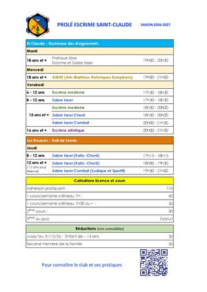 Créneaux et Tarifs Prolé Escrime 2026-2027