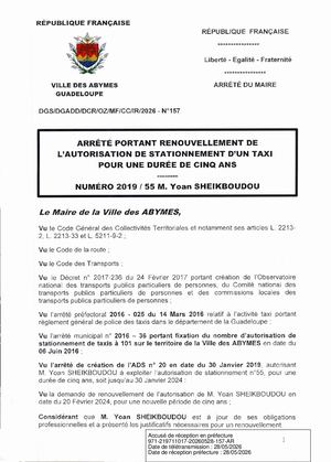 Arrêté 157 Taxi SHEIKBOUDOU Y