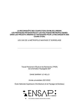 La Reconquête Des Cours D'eau En Milieu Urbain, Mémoire Barray Le Hello Diane 2022