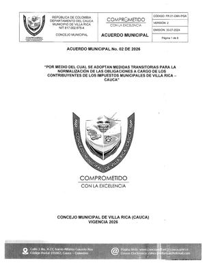 Acuerdo Municipal No. 02 de 2026 - Alcaldía de Villa Rica