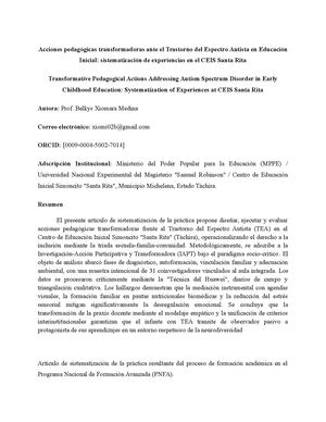 Revista Acciones Pedagógicas Transformadoras Ante El Trastorno Del Espectro Autista En Educación Inicial