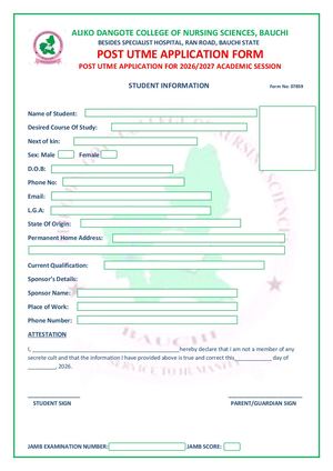 Aliko Dangote College Of Nursing Sciences Post Utme Form