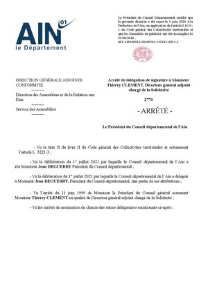 Arrêté De Délégation De Signature à Monsieur Thierry Clement, Directeur Général Adjoint Chargé De La Solidarité 062026