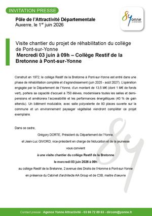 Visite chantier du projet de réhabilitation du collège de Pont-sur-Yonne Mercredi 03 juin à 09h – Collège Restif de la Bretonne à Pont-sur-Yonne
