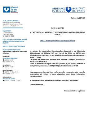 Note De Service Déménagement Activité Plaquettaire