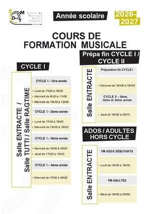Cours Formation Musicale Heures 2026-2027