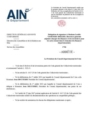 Délégation De Signature à Madame Lucille VIORNERY BERARD, Directrice Générale Adjointe Chargée Des Finances Et Des Territoires Pour Les Actes Entant Dans Le Domaine Des Finances Départementales