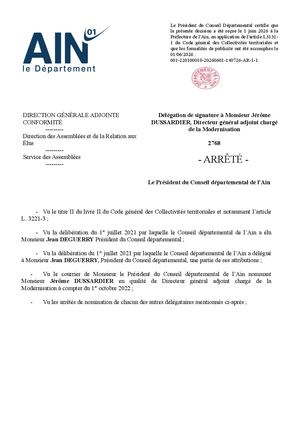 Délégation De Signature à Monsieur Jérôme DUSSARDIER, Directeur Général Adjoint Chargé De La Modernisation 062026