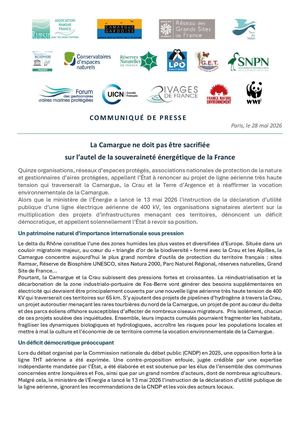 COMMUNIQUÉ DE PRESSE du 28 mai 2026 - La Camargue ne doit pas être sacrifiée sur l’autel de la souveraineté énergétique de la France
