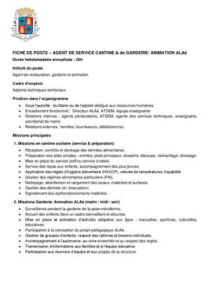 Fiche De Poste Cantiniere Animation