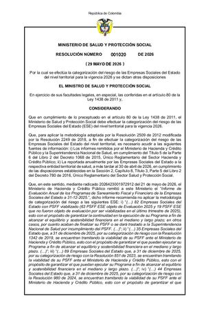 Resolución No 1020 De 2026 Categorizacion Riesgo Ese 2026