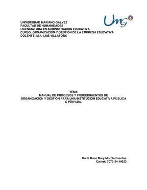 Manual de Procesos y Procedimientos de Organización y Gestión para una Institución Educativa Pública o Privada.