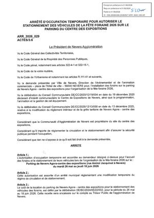 ARR 2026 029 Stationnement Vehicules Fete Foraine Parking Nevers Agora