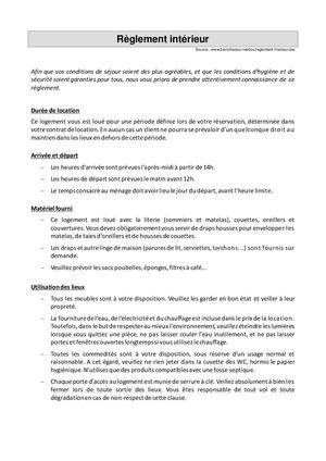 MODELE REGLEMENT INTERIEUR LOCATION SAISONNIERE