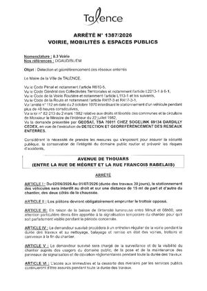 Arrete 1387 2026 Détection Et Géo Référencement Des Réseaux Enterrés Avenue De Thouars Du 02 06 Au 01 07 2026