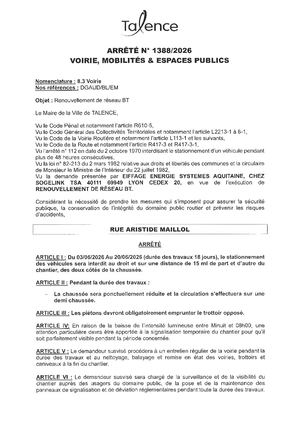 Arrete 1388 2026 Renouvellement De Réseau Bt Rue Aristide Maillol Du 03 Au 20 06 2026