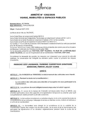 Arrete 1392 2026 Festival Odp 2026 Parking Léo Lagrange Du 01 Au 19 06 2026