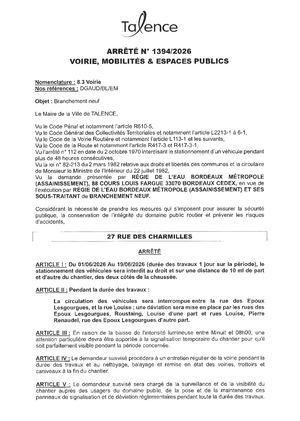 Arrete 1394 2026 Branchement Neuf 27 Rue Des Charmilles Du 01 Au 19 06 2026