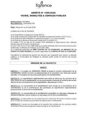 Arrete 1395 2026 Repas De Rue Le 05 06 2026 Impasse De La Fauvette