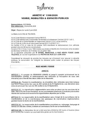 Arrete 1398 2026 Repas De Rue Le 05 06 2026 Rue Henri Fosse