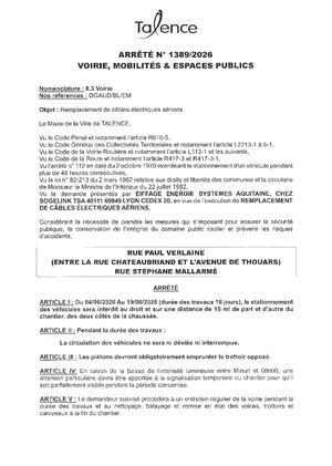 Arrete 1389 2026 Remplacement De Câbles éLectriques Aériens Rue Paul Verlaine Du 04 Au 19 06 2026