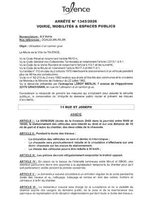 Arrêté 1343 2026 Utilisation D'un Camion Grue 11 Rue St Joseph Le 05 06 2026