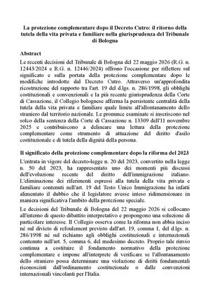 La protezione complementare dopo il Decreto Cutro: il ritorno della tutela della vita privata e familiare nella giurisprudenza del Tribunale di Bologna