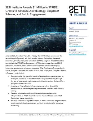 SETI Institute Awards $1 Million in STRIDE Grants to Advance Astrobiology, Exoplanet Science, and Public Engagement