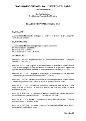 Relatorio De Atividades Da Comissao Pro Memoria Da 22 Subsecao Da Oab Rj (2013 2015)