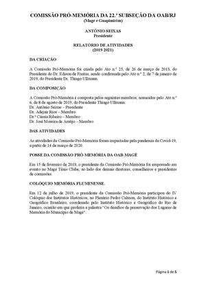 Relatório De Atividades Da Comissão Pró Memória OAB-Magé 2019 2021