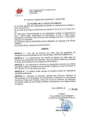 26-AP-0084 Arrêté De Réglementation Du Stationnement, 369 Rue D'Abbeville à Amiens, Publié le 03/06/2026
