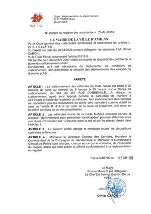 26-AP-0083 Arrêté De Réglementation Du Stationnement, Du 361 Au 367 Rue D'Abbeville à Amiens, Publié le 03/06/2026