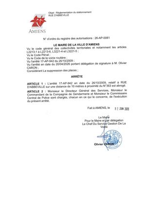 26-AP-0081 Arrêté D'abrogation De Réglementation Du Stationnement, à Proximité Du 363 Rue D'Abbeville à Amiens, 17-AP-942, Publié le 03/06/2026