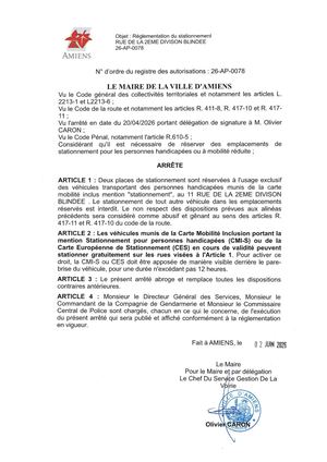 26-AP-0078 Arrêté De Réglementation Du Stationnement, Rue De La 2eme Division Blindée à Amiens, Publié le 03/06/2026