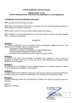 Arrete Ccas N 2 2026 Delegation De Fonction Et Signature A La Vice Presidente Signe