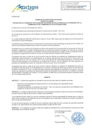 AR26SG065 Opposition transfert pouvoirs de police spéciale