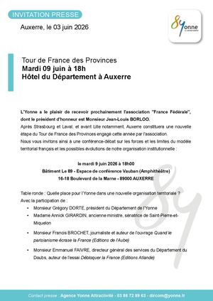Tour de France des Provinces Mardi 09 juin à 18h Hôtel du Département à Auxerre
