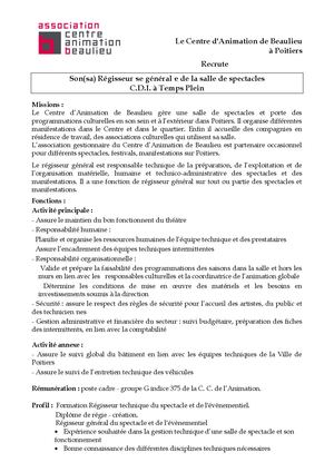 Offre De Recrutement Poste Régisseur Général