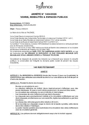 Arrete 1404 2026 Travaux Telecom 140 Rue Paydavant Du 8 Au 22 06 2026